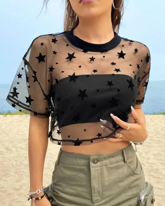 Women's Star-Print Cropped Mesh Top with Drop Shoulders