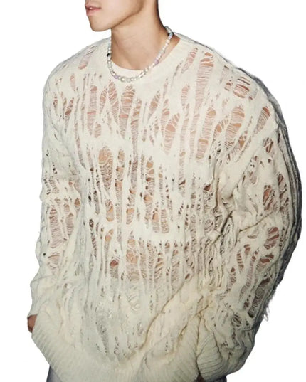 Men's Hollow-Out Mesh Knit Crew Neck Long Sleeve Sweater