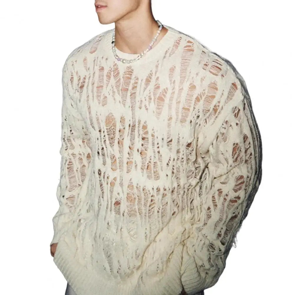 Men's Hollow-Out Mesh Knit Crew Neck Long Sleeve Sweater