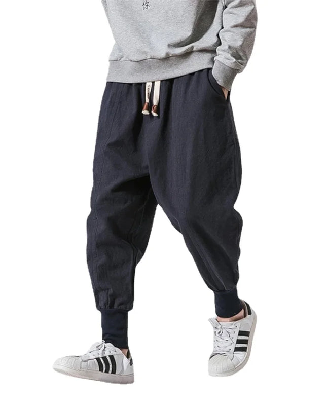Men's Cotton Linen Harem Pants - Solid Elastic Waist Joggers - Various Colors