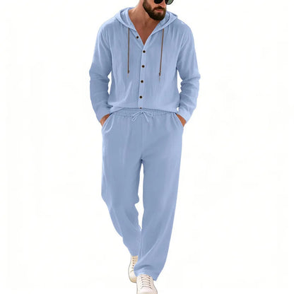 Men's 2-Piece Casual Outfit with Hooded Button-Down Shirt and Long Pants Set