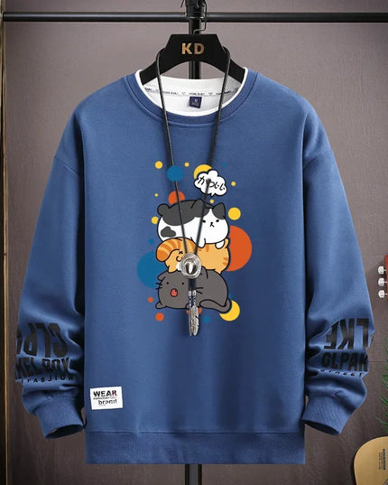 Men's Sweater with Japanese Cartoon Cat Print - Various Colors