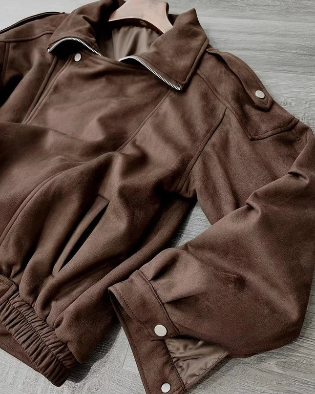 Women's Retro Faux Lapel Suede Jacket - Loose Fit