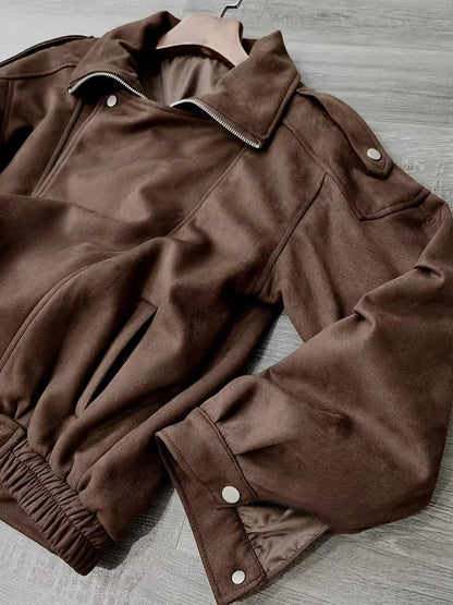 Women's Retro Faux Lapel Suede Jacket - Loose Fit