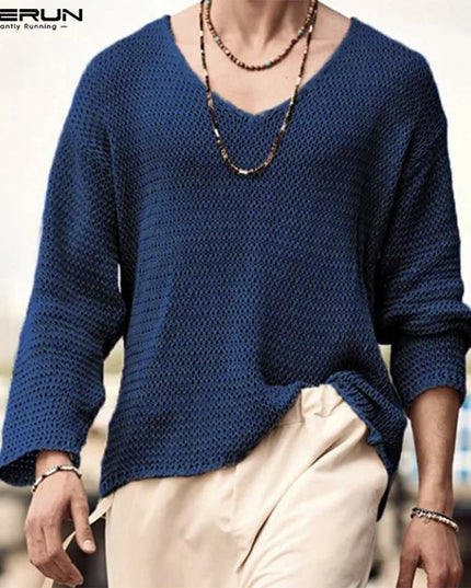 INCERUN Men's V-Neck Sweater with Mesh Design - Various Colors
