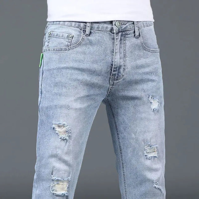 Men's Ripped Slim Fit Stretch Jeans – Straight Leg, Thin Fit Denim Pants for Men