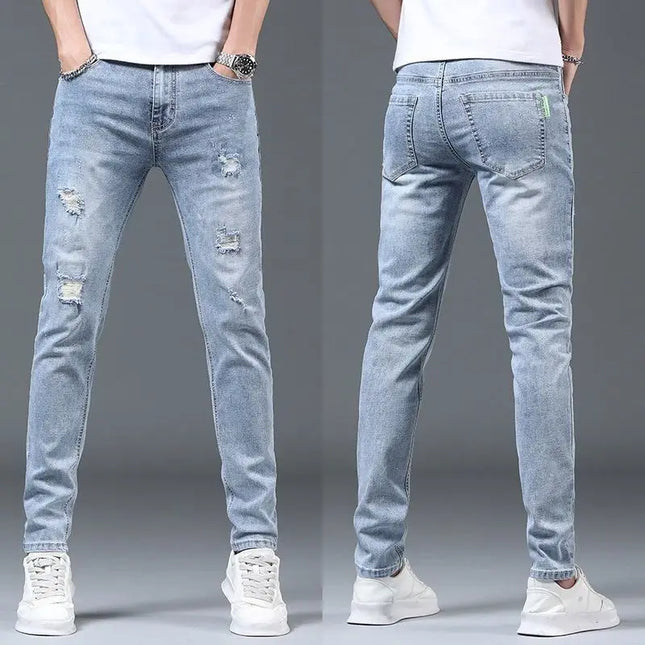 Men's Ripped Slim Fit Stretch Jeans – Straight Leg, Thin Fit Denim Pants for Men