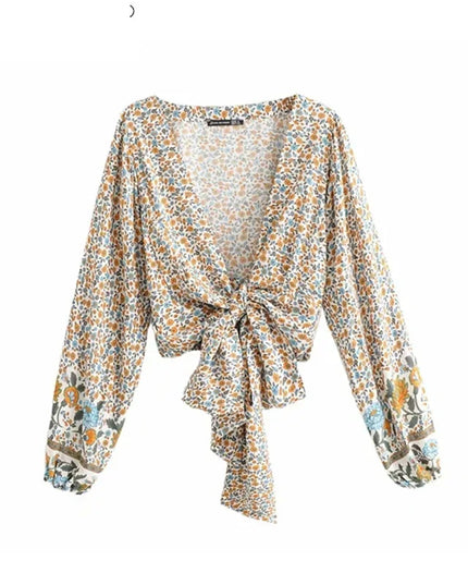 Women’s Floral Print Rayon Bohemian Blouse Shirt - Loose Fit Crop Top