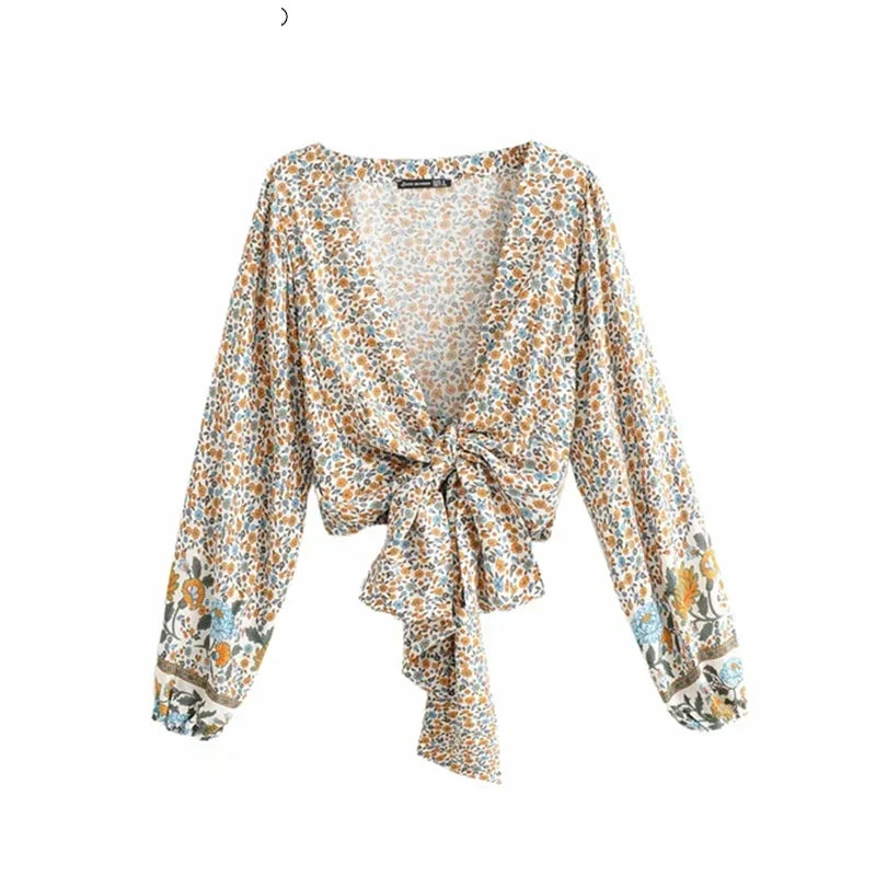 Women’s Floral Print Rayon Bohemian Blouse Shirt - Loose Fit Crop Top