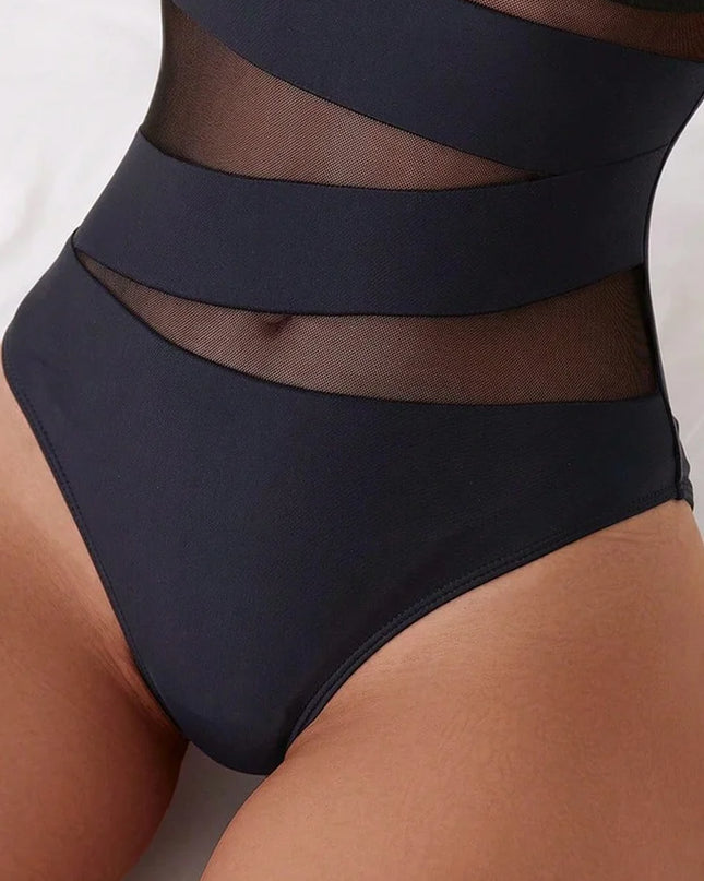 Women's One Piece Swimsuit with Halter Neck and Mesh Details
