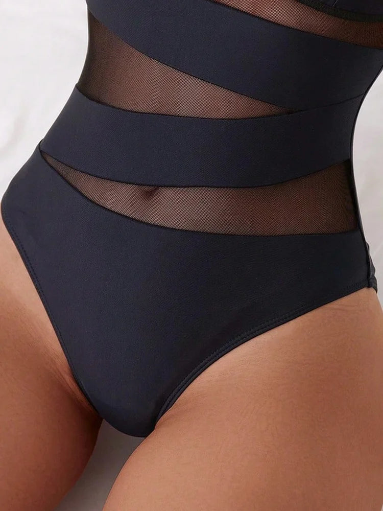 Women's One Piece Swimsuit with Halter Neck and Mesh Details