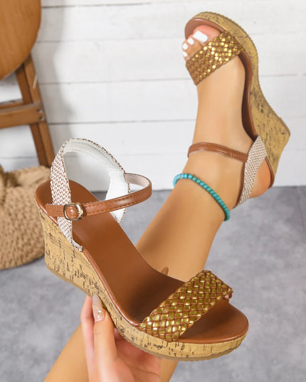 Women’s Faux Leather Platform Wedge Sandals with Mid Heels