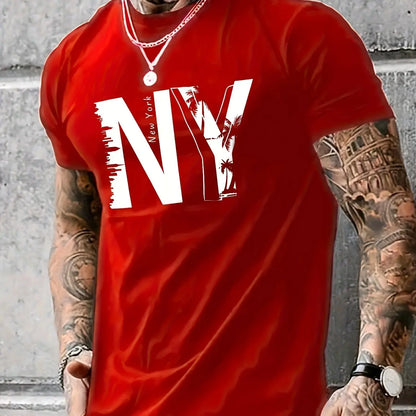 Men's 100% Cotton Casual T-Shirt with NY Letter Print