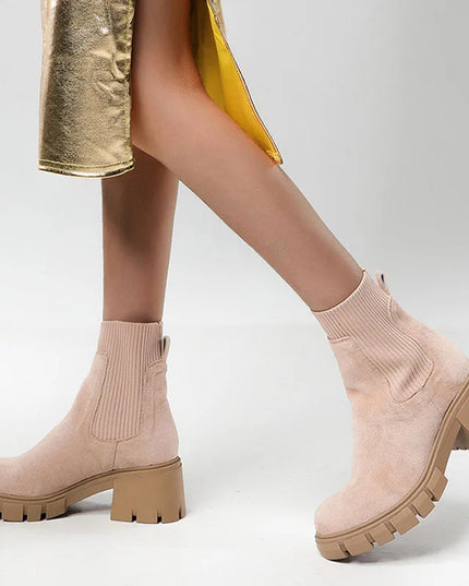 Women's Square Heel Ankle Boots with Thick Sole, Round Toe Faux Suede