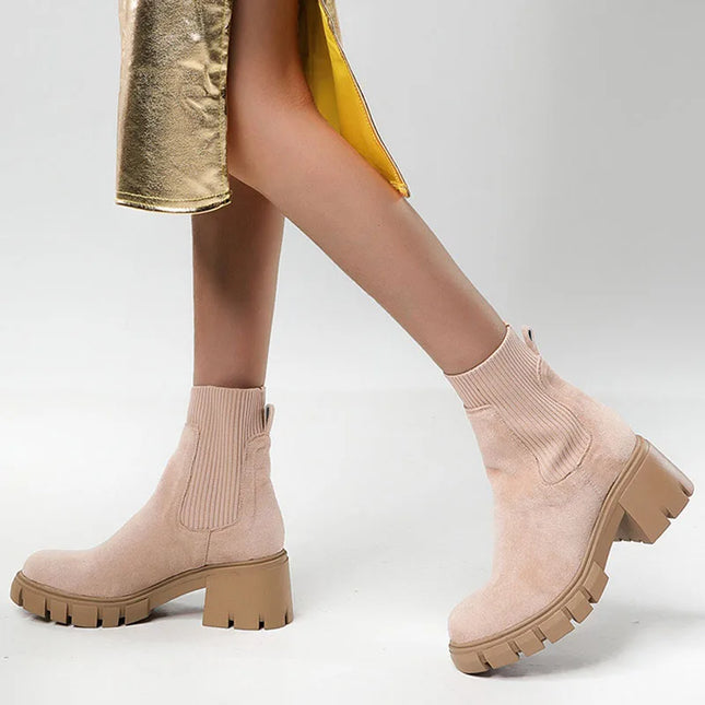 Women's Square Heel Ankle Boots with Thick Sole, Round Toe Faux Suede