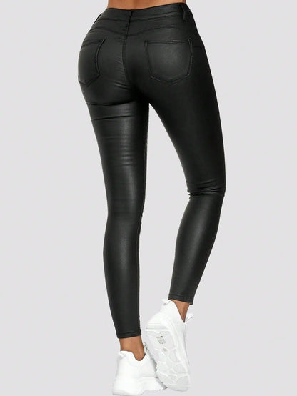 Women’s High-Waist Stretchy PU Leather Skinny Tapered Pants with Slant Pockets
