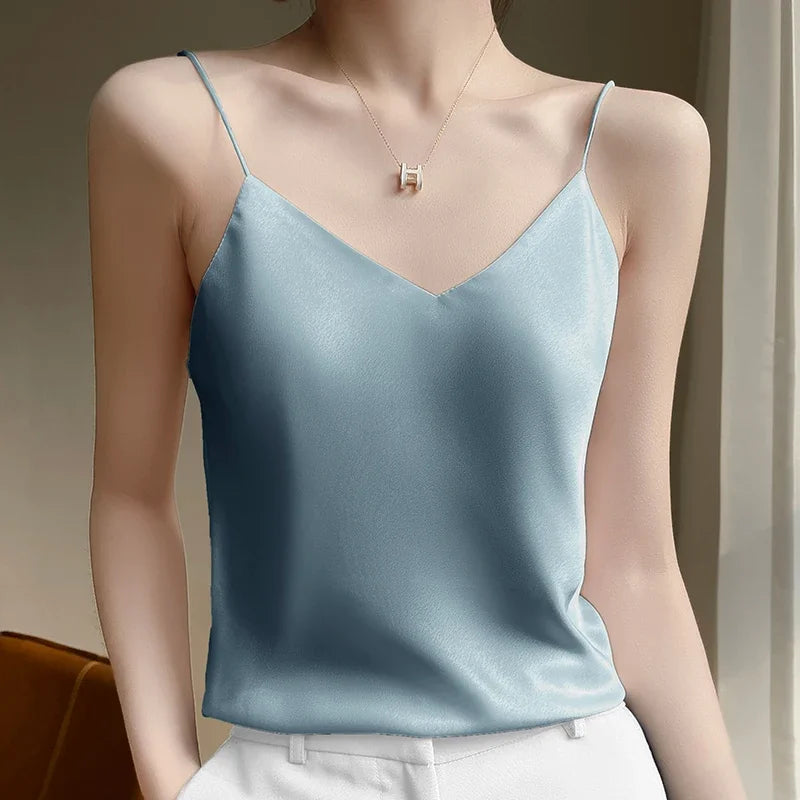 Women's V-Neck Spaghetti Strap Blouse – Stylish & Flowy Top for Women