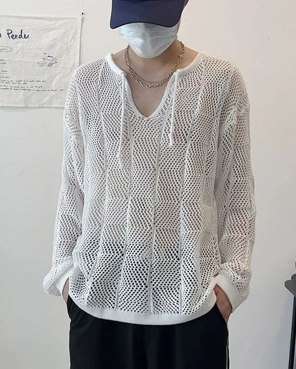 Men's Thin Hollow V-Neck Sweater - Loose Fit, Long-Sleeved