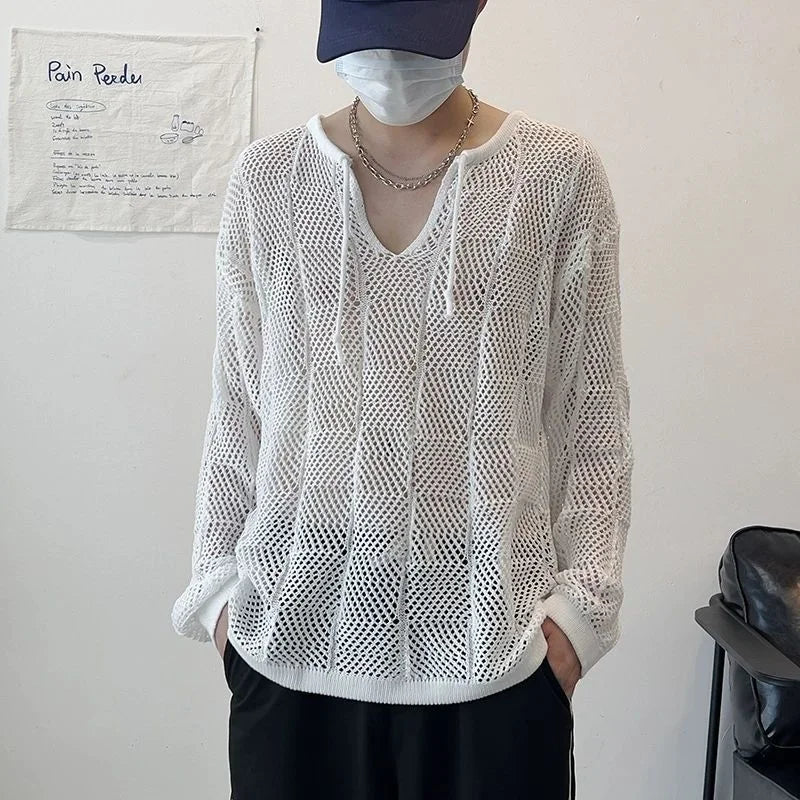 Men's Thin Hollow V-Neck Sweater - Loose Fit, Long-Sleeved