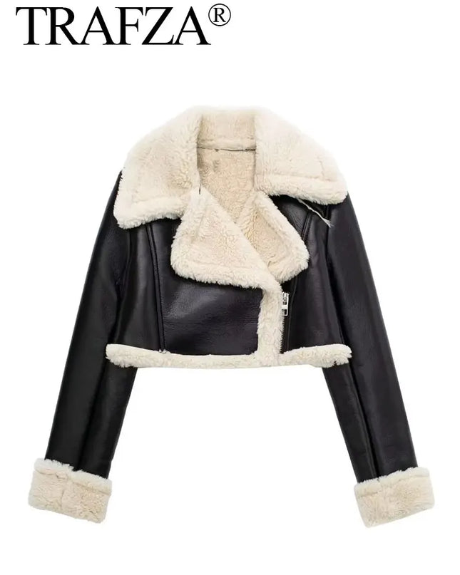TRAFZA Women's Black Cropped Faux Leather Jacket with Wool Blend