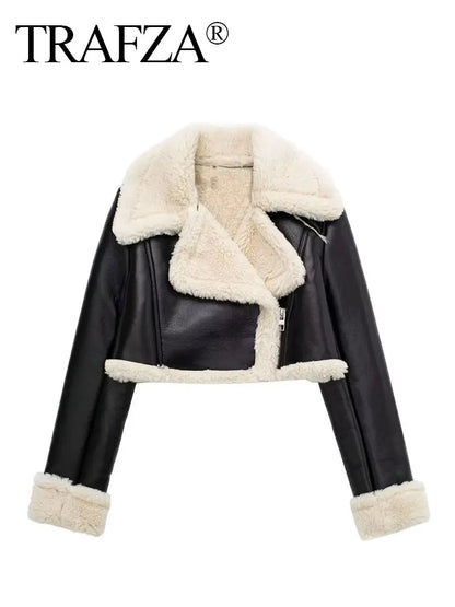 TRAFZA Women's Black Cropped Faux Leather Jacket with Wool Blend