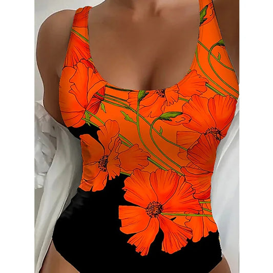 Women's One Piece Swimsuit with Floral Design and Push-Up Support