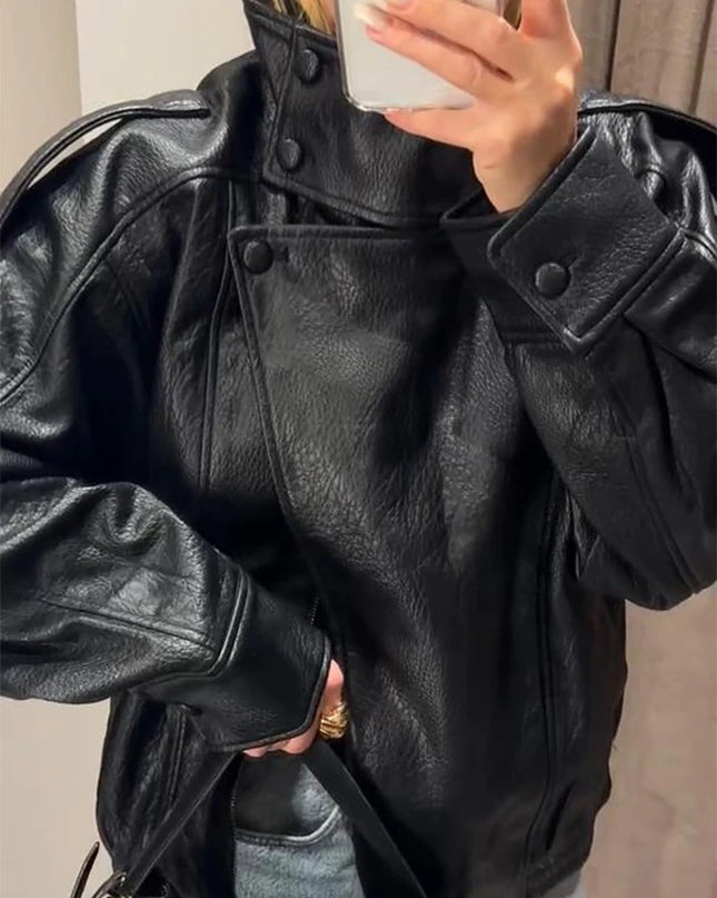 Women's Stand Collar Faux Leather Jacket with Double Button Closure