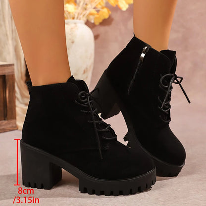 Women's Chunky Heel Ankle Boots with Platform Sole – Side Zip & Lace-Up Design