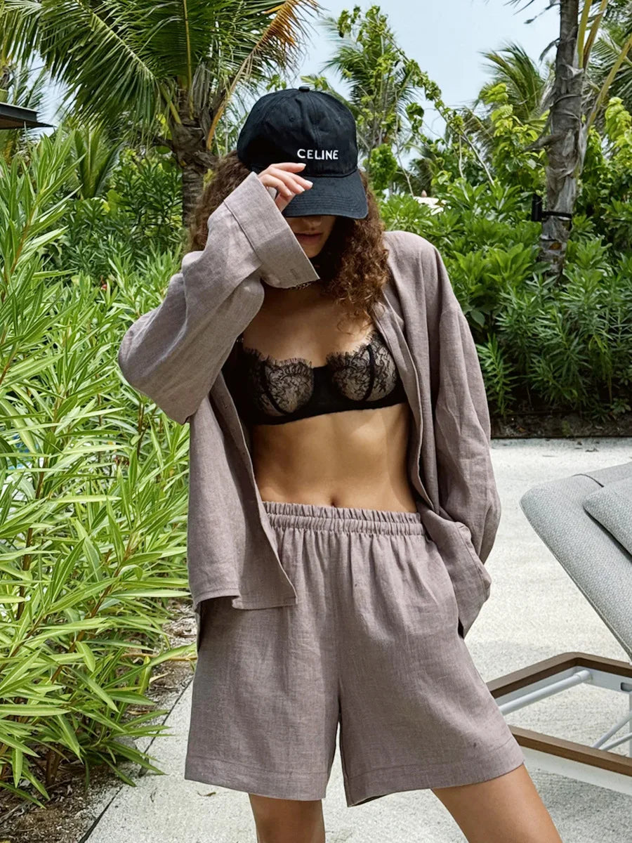 Women's Cotton 2-Piece Shirt and Pants Set with Drawstring