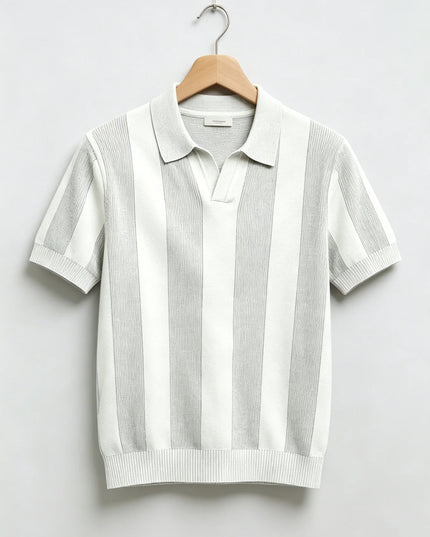 Men's Knit Polo T-Shirt with Vertical Stripes and Lapel