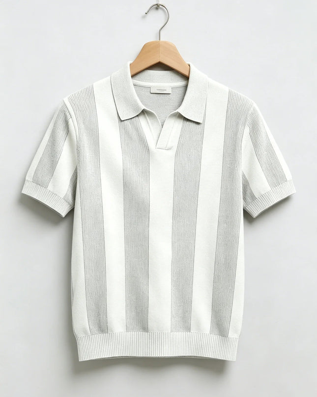 Men's Knit Polo T-Shirt with Vertical Stripes and Lapel