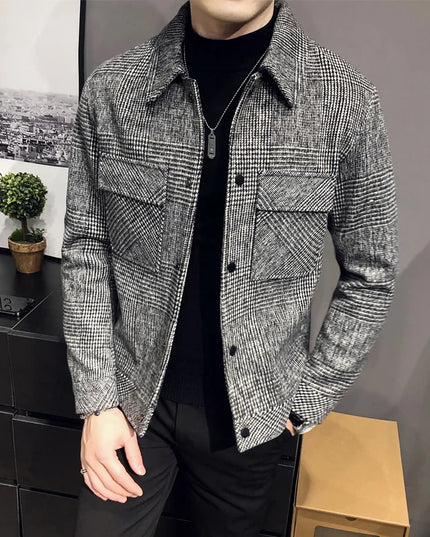 Slim Fit Men’s Polo Neck Jacket with Checkered Pattern and Multiple Pockets