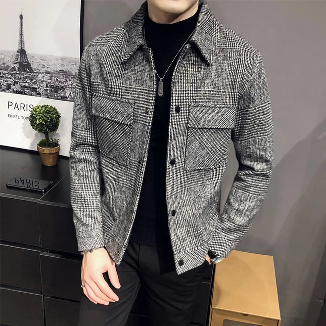 Slim Fit Men’s Polo Neck Jacket with Checkered Pattern and Multiple Pockets