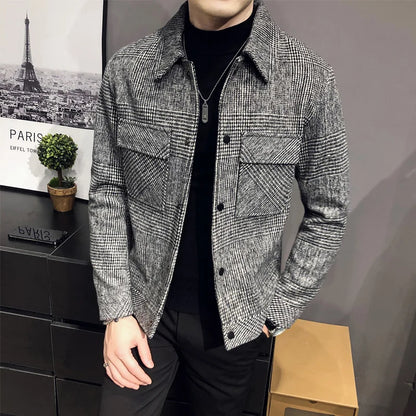 Slim Fit Men’s Polo Neck Jacket with Checkered Pattern and Multiple Pockets