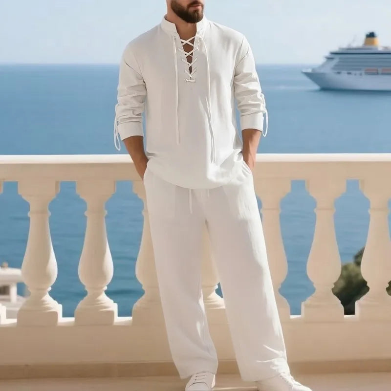 2-Piece Men's Cotton Linen Shirt and Pants Set