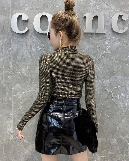 Shiny Sequin Turtleneck Sweater for Women - Long Sleeve Slim Fit Sequin Top