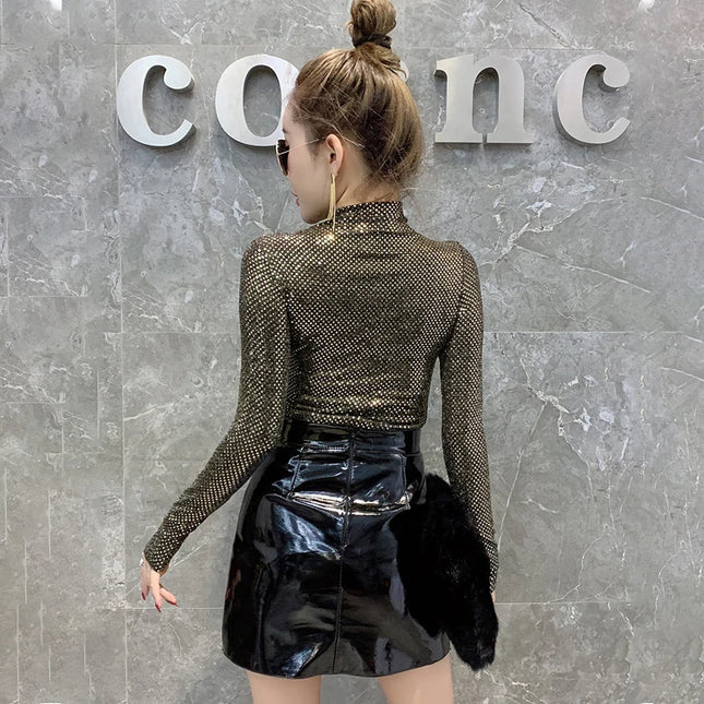 Shiny Sequin Turtleneck Sweater for Women - Long Sleeve Slim Fit Sequin Top