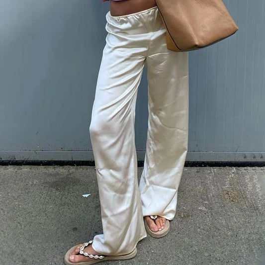 Women's Satin Wide Leg Pants - Casual High Waist Elastic Waistline
