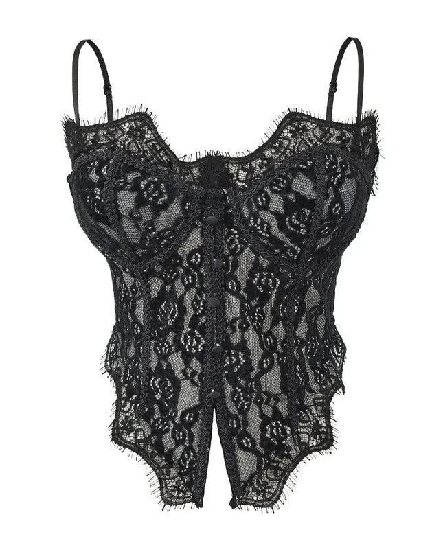 Women's Elegant Sheer Lace Camisole with Sleeveless Fishbone Design