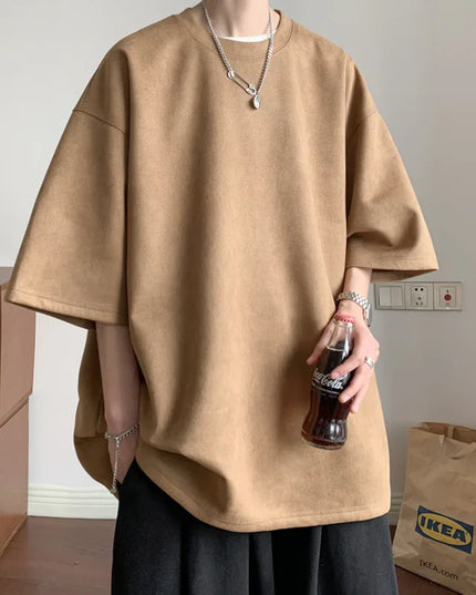 Men's Short Sleeve T-Shirt with Round Neck and Loose Fit in Suede Material