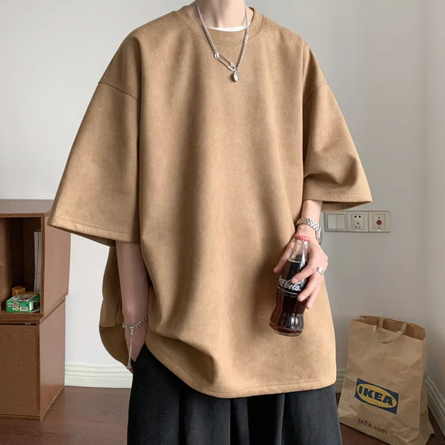 Men's Short Sleeve T-Shirt with Round Neck and Loose Fit in Suede Material