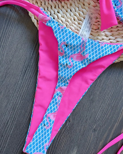 Women's Grid Flamingo Print Two-Piece Swimwear Set with Push-Up Thong Bikini