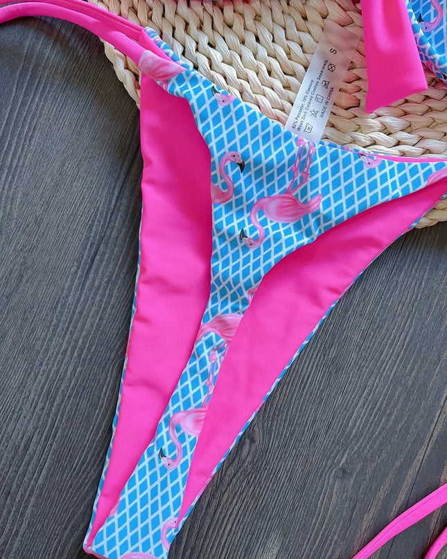 Women's Grid Flamingo Print Two-Piece Swimwear Set with Push-Up Thong Bikini