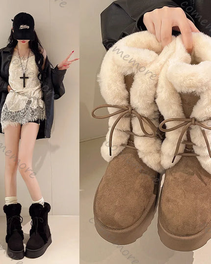 Women's Warm Fur-Lined Lace-Up Fluffy Plush Ankle Boots with Cotton Padding