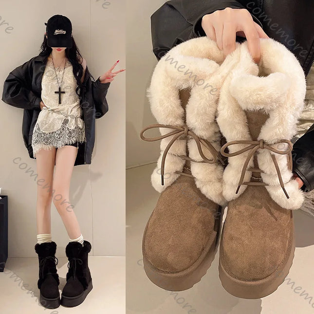 Women's Warm Fur-Lined Lace-Up Fluffy Plush Ankle Boots with Cotton Padding