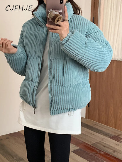 Women's Thick Corduroy Puffy Short Parka with Zipper Closure