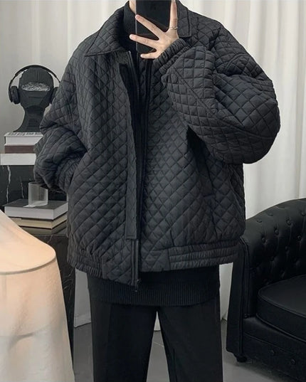 Diamond Grid Men's Cotton-Filled Coat - Loose Fit