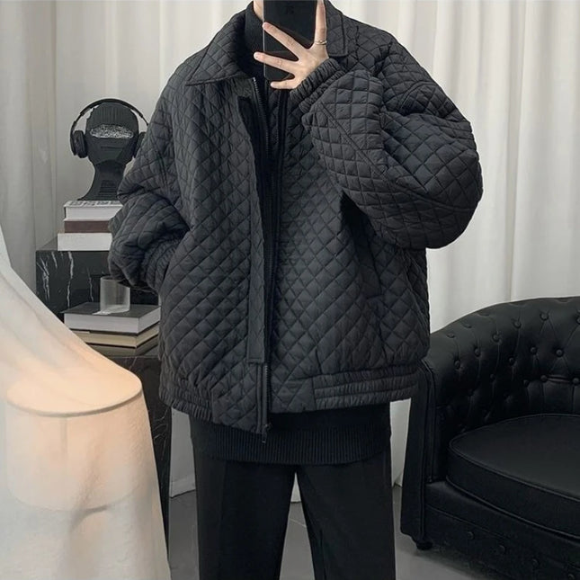 Diamond Grid Men's Cotton-Filled Coat - Loose Fit