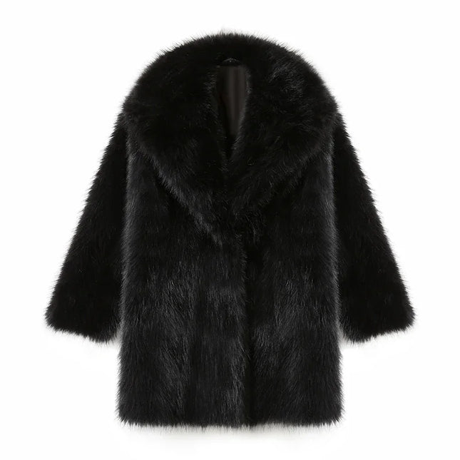 Women's Faux Fur Lapel Coat – Luxury Furry Overcoat for Women