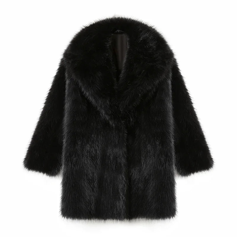 Women's Faux Fur Lapel Coat – Luxury Furry Overcoat for Women